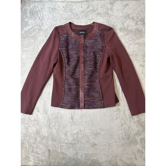 Lafayette 148 New York Women’s Size 12 Jacket Burgundy Tweed Leather Trim Blazer - Picture 1 of 12